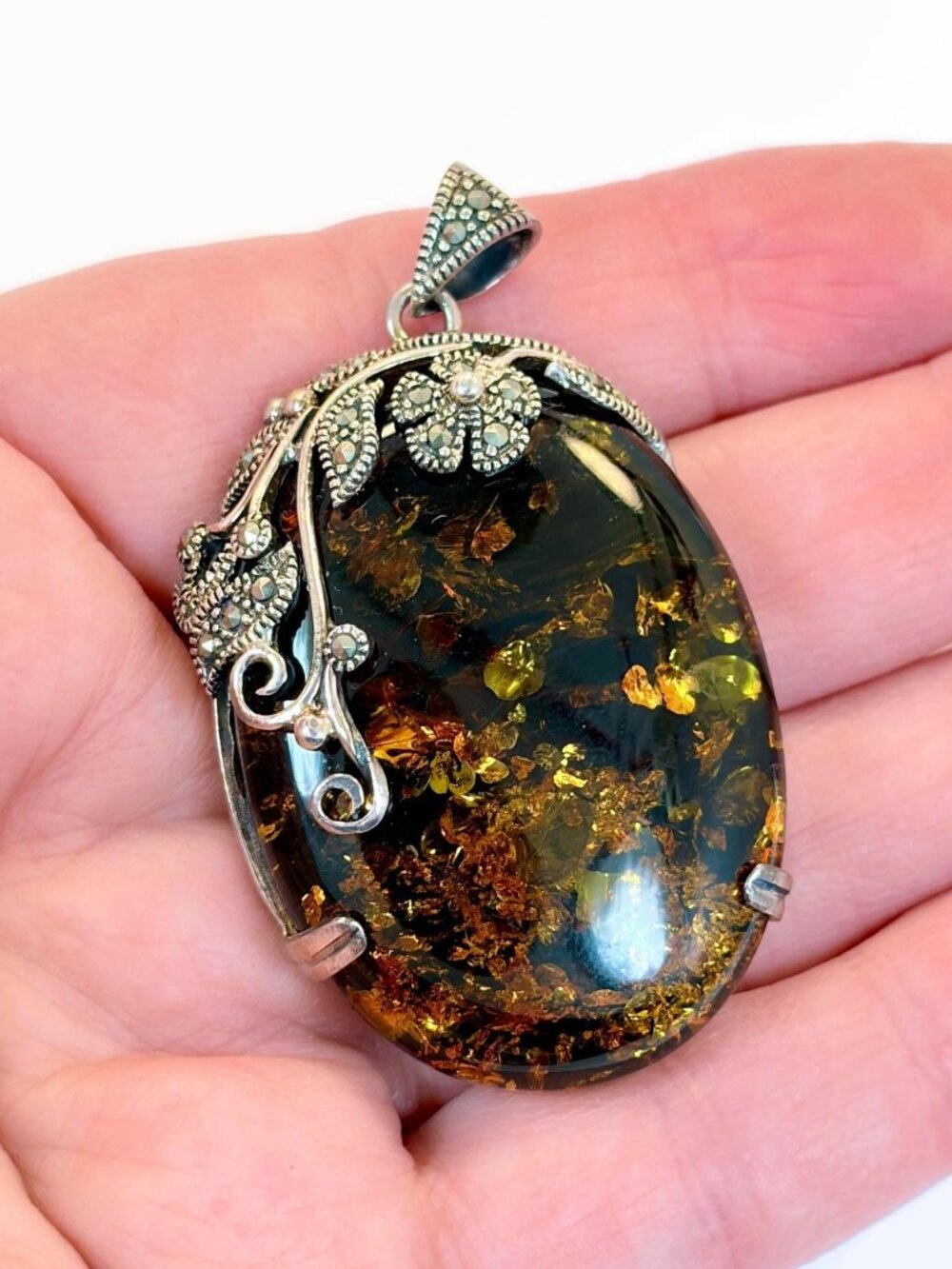 Amber Pendant, Sterling Silver, Vintage, Marcasite, Art Nouveau Style, 2" Long